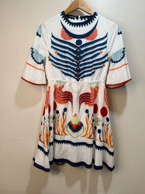 Feiinvan Abstract Folkloric Quito Patterned Boho Whimsy Earthy Mini Dress Medium
